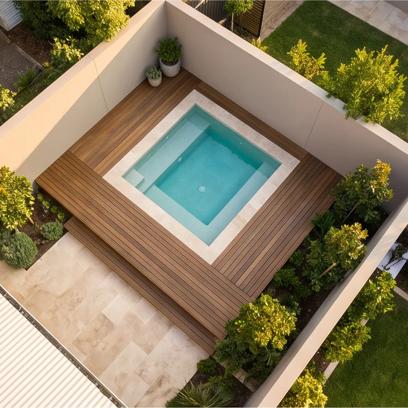 Small square plunge pool with a timber deck